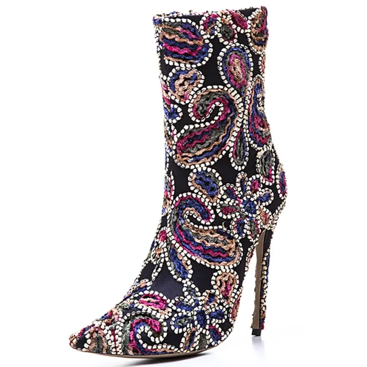 

brand embroider boots for women 2018 autumn winter mixed colors high heels ankle boots flower Catwalk shoes sexy ladies shoes