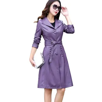 

Autumn Winter Women Sashes Coat Female Fashion Plus Size 5XL Turn Down Collar Single Breasted Button Belt Leather Jacket X10