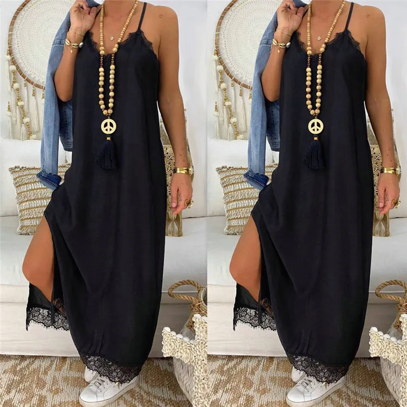 

Women Summer Loose Long Dress Sexy Sling V-Neck Sleeveless Ankle-Length Dress Lace Decor Hign Slit Dress Solid Color Dress