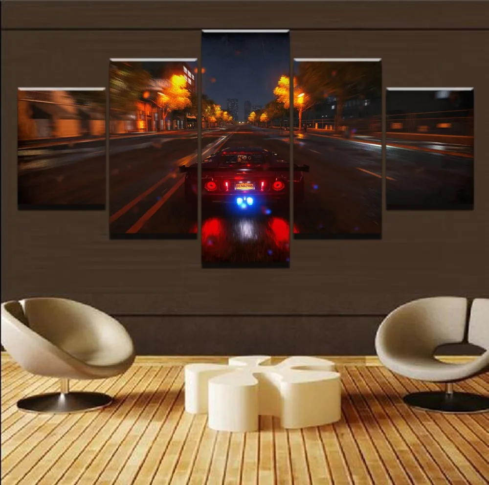 

Modular Picture Home Decor Canvas Print Painting For Kids Room 5 Piece Super Car Night Neon Lights Spacious Road Poster Wall Art