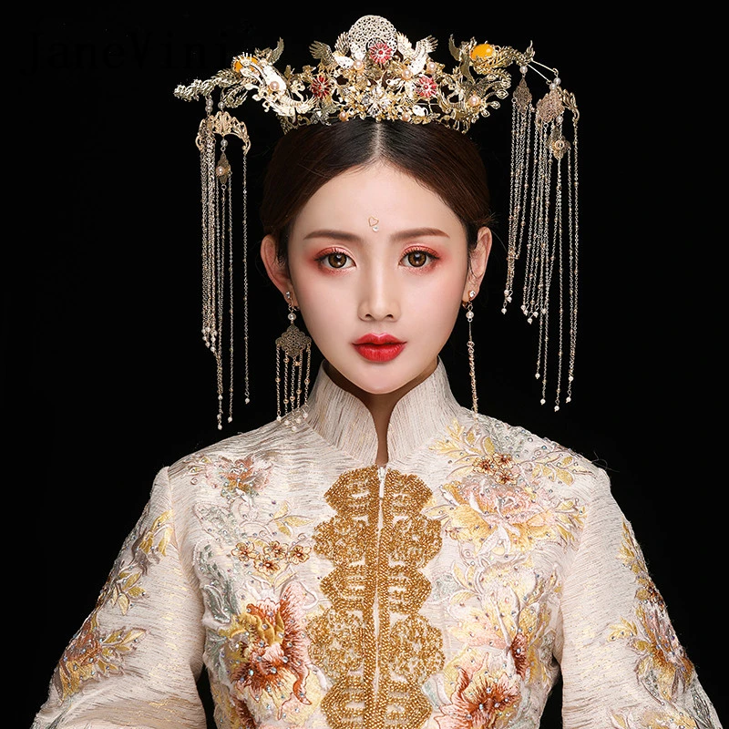 

JaneVini Vintage Chinese Light Gold Wedding Crown Ancient Bridal Hairpin Beaded Luxury Hairwear Wedding Jewelry Hair Accessories