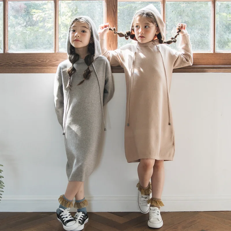 Comprar Vestido de niñas suéter con capucha vestido largo para niñas Otoño Invierno vestido de fiesta de manga larga ropa para niños vestidos de princesa