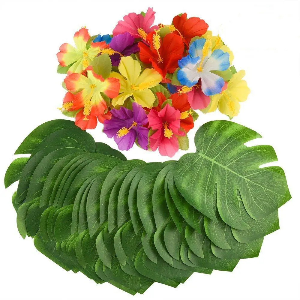 

12pcs Artificial Tropical Palm Leaves Turtle Leaf Simulation Hibiscus Flower Hawaiian Jungle Beach Theme Party Diy Decorations