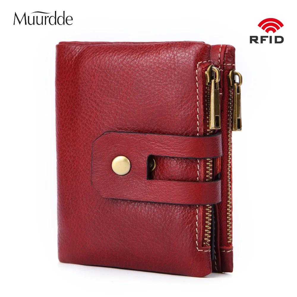 

Muurdde Genuine Leather Women Wallet Female Short Wallets Double Zipper Coin Purse Small ID Card Holder For Money Bag Portomonee