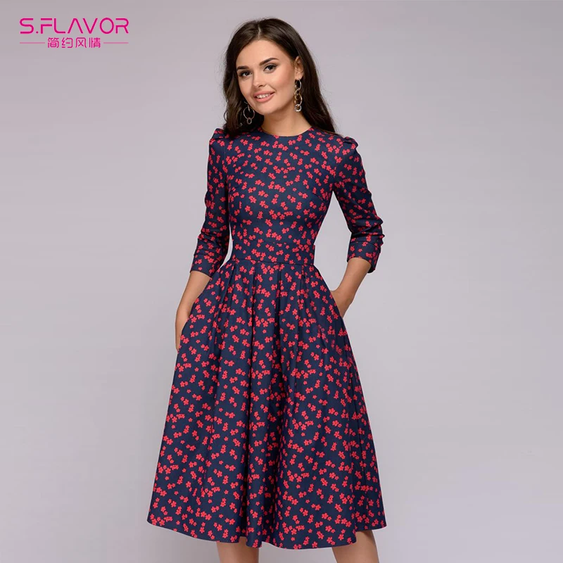 

S.FLAVOR Spring Women Floral Print Dresses Three Quarter Sleeve Elegant High Waist A Line Dress O Neck Vintage Party Vestidos