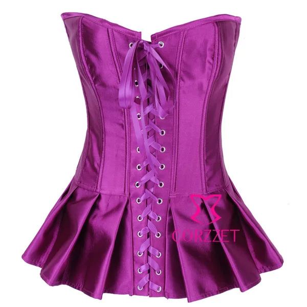 Women Latex Corset Bustier Top Purple Satin Strapless Lace Up Front Overbust Gothic Corpete