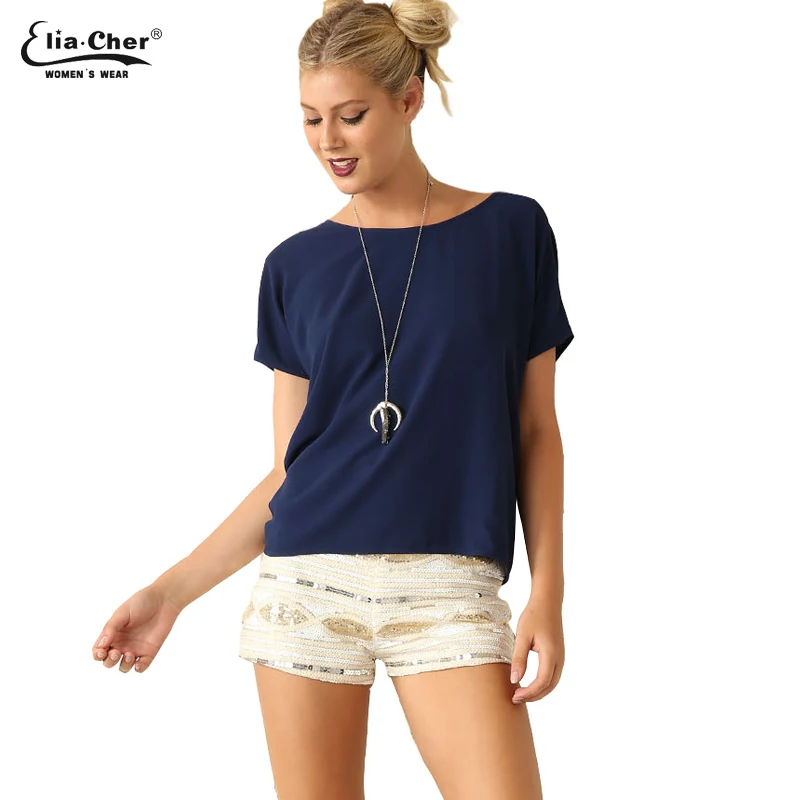 Women Navy Bow Back Top Summer White Half Sleeve Chic navy