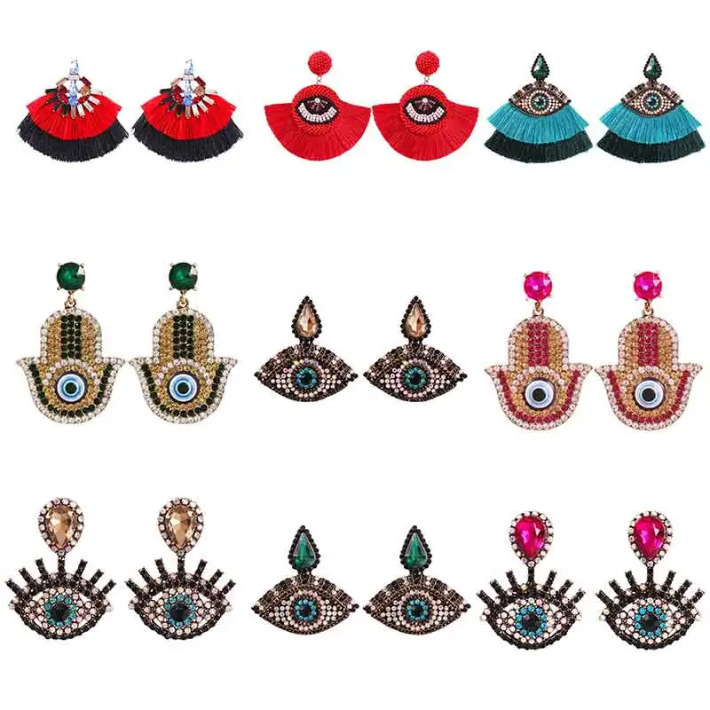 

Lalynnly 2019 Punk Ethnic Palm Blue Eyes Drop Earrings Wedding Party Female Rhinestone Fringed Earrings Jewelry Bijoux E631111