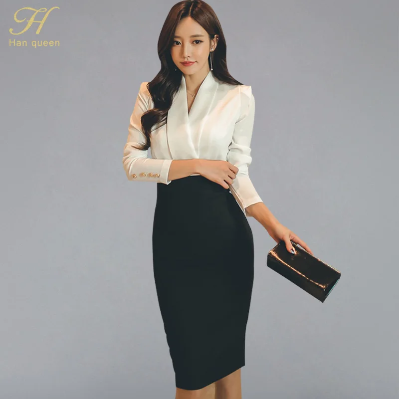 

H Han Queen Solid Patchwork Korean Sheath Pencil Autumn Dress Women 2018 Official Wear Bodycon Dresses Casual Business Vestidos