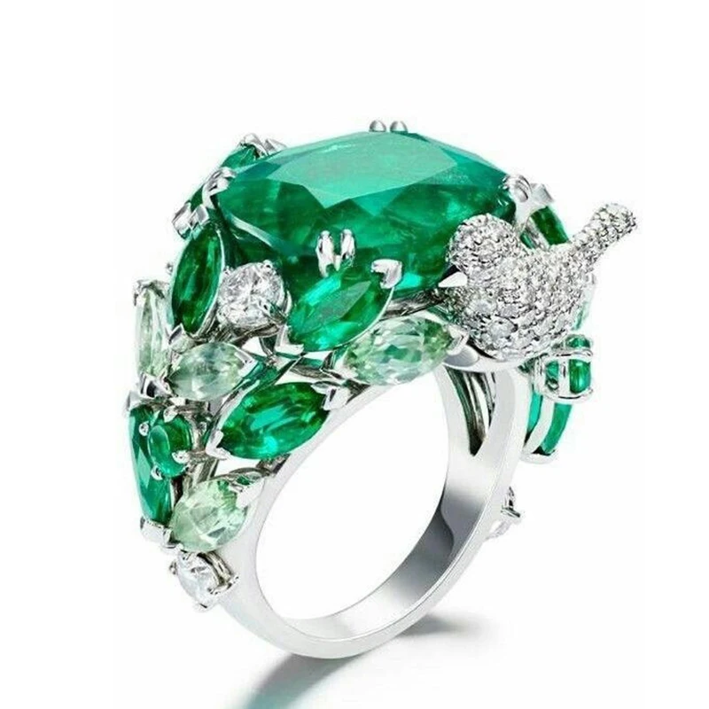 Большое кольцо с зеленым камнем листья дизайн кольца птицы Bague для женщин подарок
