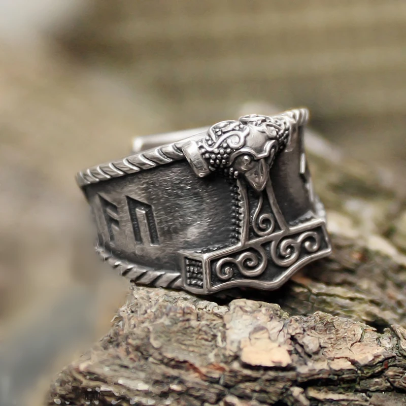 

Mens Viking Stainless Steel Ring Silver Good Luck Rune Mjolnir Thor Hammer Nordic Rings Amulet Jewelry Gift