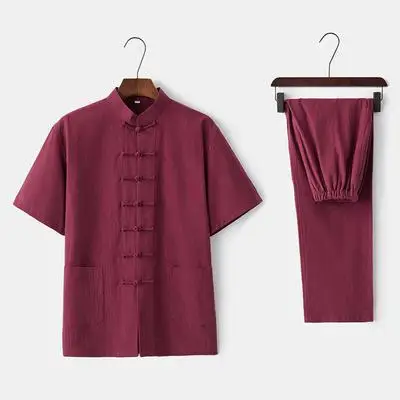 Летняя Повседневная Эластичная рубашка с воротником и штаны из 95% хлопка для мужчин, традиционный китайский костюм в стиле Тан, свободный комплект для кунг-фу, 3XL 4XL - Цвет: Бургундия