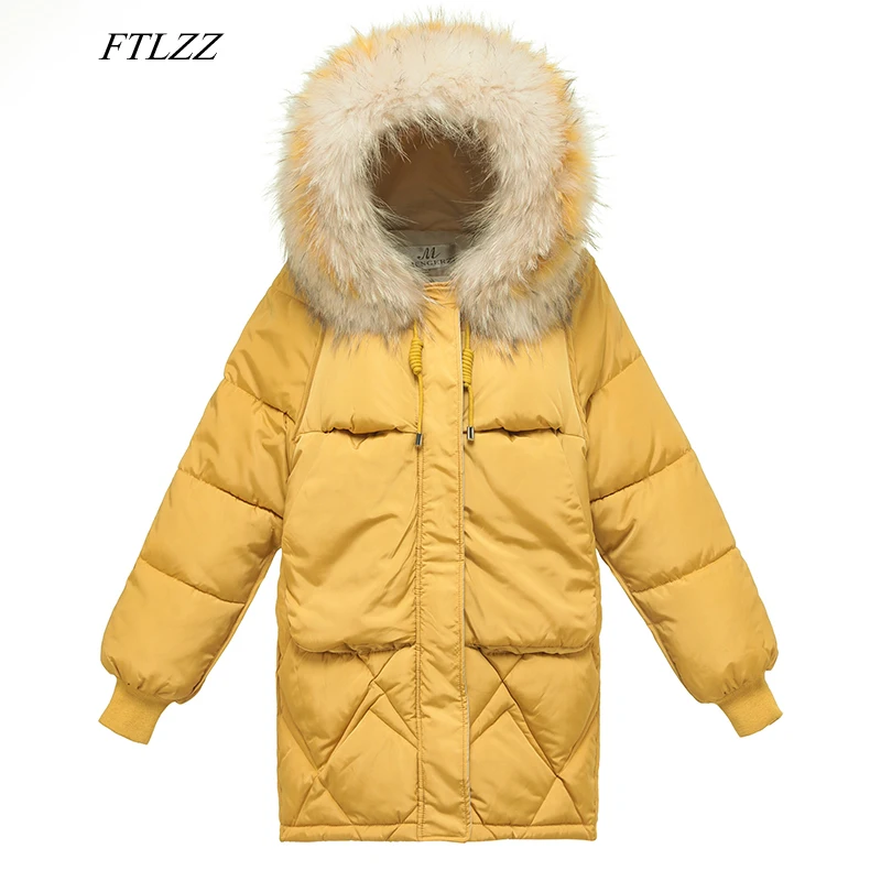 

FTLZZ Winter Women's Jackets Cotton Coat Medium Long Hooded Parkas Female Loose Warm Large Fur Collar Cotton Padded Outerwear