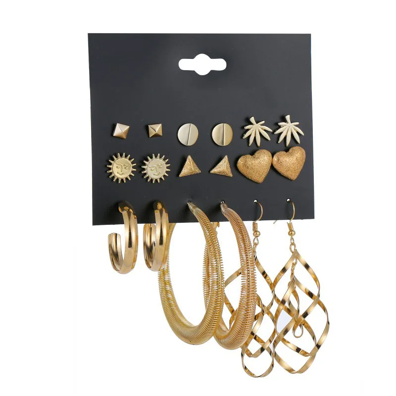 

9Pairs/Lot Gold Color Hoop Earrings Set For Women Vintage Rivet Triangle Heart Sun Plam Tree Spring Earring Party Gift Wholesale