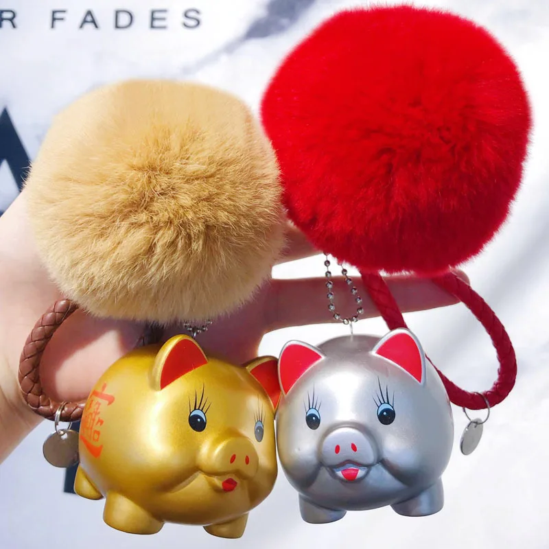 

Cartoon Fluffy Rabbit Fur Pom Pom Animal lucky Pig Keychain Doll fur Pompons Key Ring Car Purse Key Chains Trinkets Porte Clef