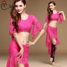 2018 Women Belly Dance Clothing Sexy Dancewear Spandex Suit for Practice Lace Outfit for Bellydance Costume Top and Skirt 2pcs