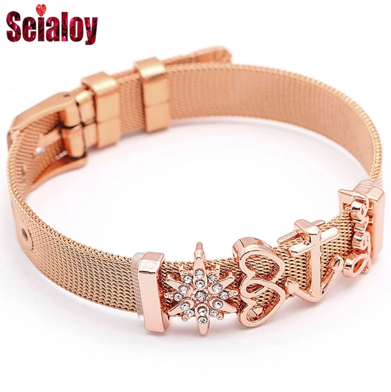 

SEIALOY Rose Gold Mesh Stainless Steel Bracelet For Women Zircon Charm Pandora Bracelets Fit Couple Friends Jewelry Gift