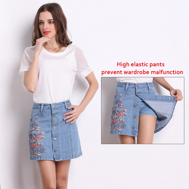 jean skirt with embroidered flowers
