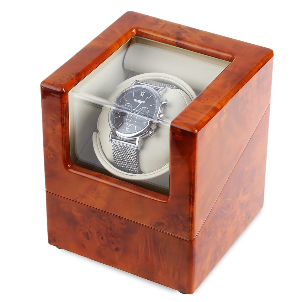 Brown and White Automatic Rotation Wooden Watch Winder Display Box Transparent Cover Jewelry