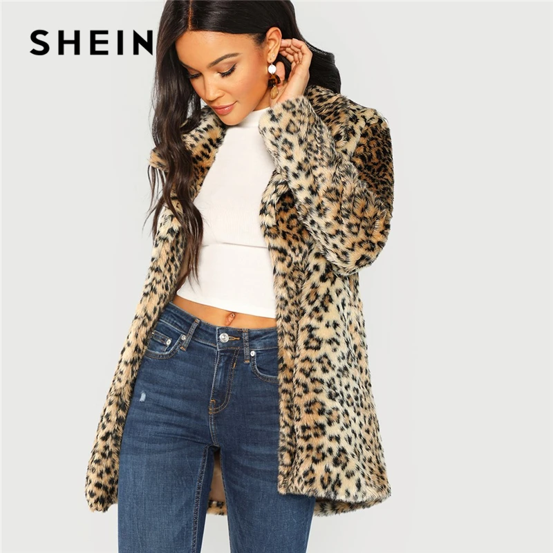 SHEIN Модное Пальто Из Эко Меха С Леопардовым Принтом