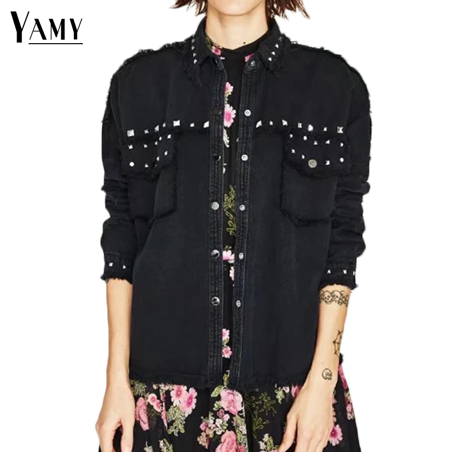 Autumn winter black denim jackets women vintage hip hop rivet ripped casual jeans fall womens