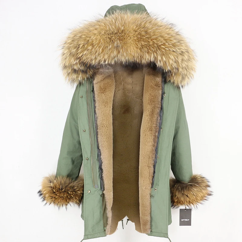 OFTBUY, пальто с натуральным мехом, зимняя куртка, Женская длинная парка, с манжетами, натуральный мех енота, Отделка капюшона, Толстая теплая уличная одежда, верхняя одежда, новинка - Цвет: green natural DX