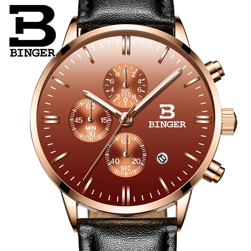 

BINGER Men Watch Top Brand Luxury Male Leather Waterproof Sport Quartz Chronograph Military Wrist Watch Men Clock montre homme