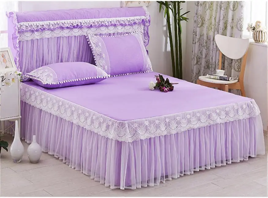 Romantic Wedding Bedding Mattress Cover Pillow cases 1/3pcs Solid Lace Princess Bedspread Bed Skirt Fitted Sheet Twin Queen King