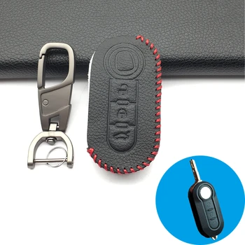 

100% Leather Car Key Cover Case Fit for Fiat Panda 500 Punto Folding Remote Key Case 3 Buttons Protect Shell