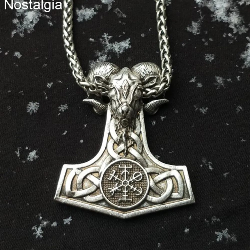 

Nostalgia Viking Goat Ram Amulet Thor Hammer Necklace Scandinavian Symbols Vegvisir Valknut Pendant Erkek Kolye