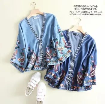

2019 Spring Women Floral Embroidery Blue Tencel Denim Blouse Shirt Lady Sexy Deep V Neck vintage Plus Size Tops a1099