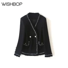 Wishbop новейший модный стиль Подиум с длинным рукавом шикарный женский s твидовый жакет контрастное плетение бахрома отделка-Женская Базовая куртка черный