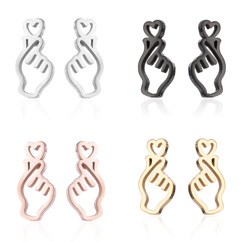 

Jisensp Personalized Love Heart Earrings Brincos Hollow Love You Gesture Stud Earrings Korean Style Stainless Steel Ear Studs