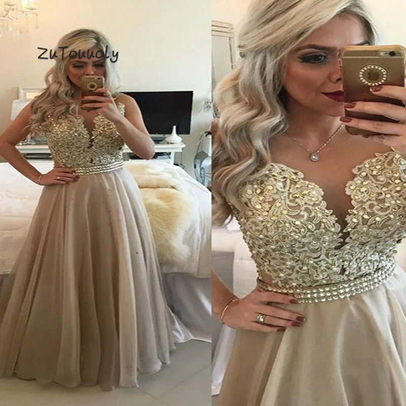 

Fashion Champagne Evening Dress Spain A Line Sweetheart Floor Length Chiffon Beaded Big Size Prom Dresses For Dinner Party 2019