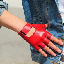 Женские перчатки с открытыми пальцами из натуральной кожи, перчатки из чистой овчины, коричневые, белые, красные женские перчатки без пальцев, TB10