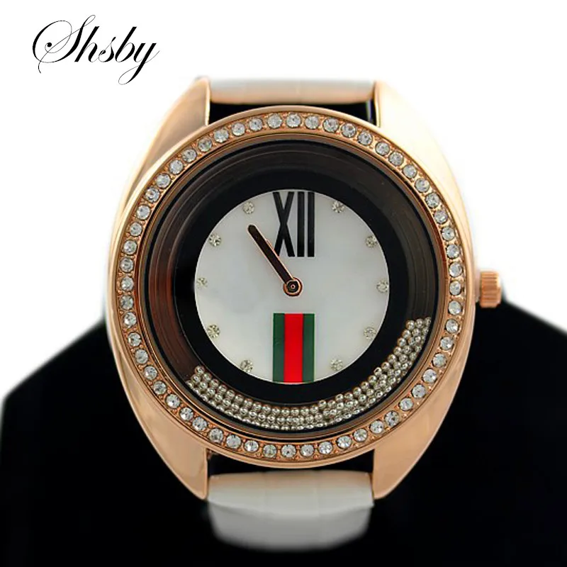 

shsby new top quality genuine leather stap quartz wristwatch sparkling rhinestone rose gold female watches women dress watch