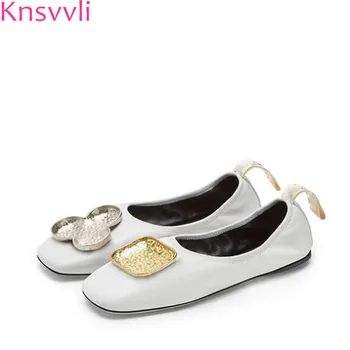 

Knsvvli New Square toe Ballet Flat Shoes Women Genuine leather asymmetric flower metal decorate comfortable casual ladies shoes