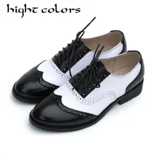 Винтажные Туфли-оксфорды в британском стиле; Модные женские Броги из натуральной кожи на низком каблуке; женские туфли на плоской подошве смешанных цветов в студенческом стиле