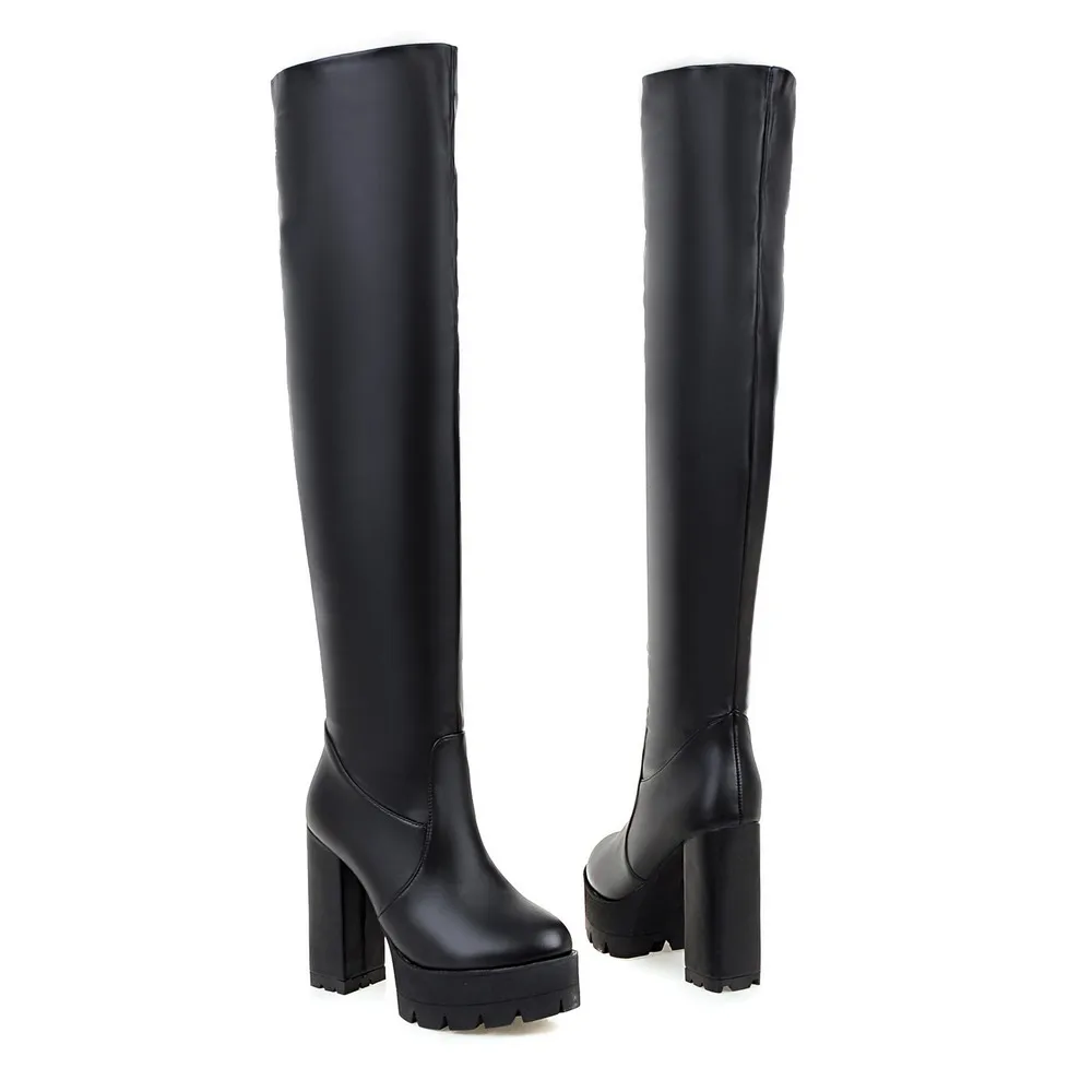 NEMAONE/черные и белые зимние сапоги женские пикантные высокие сапоги до бедра высокого качества ботфорты без шнуровки ботинки на высоком каблуке В рыцарском стиле - Цвет: Черный