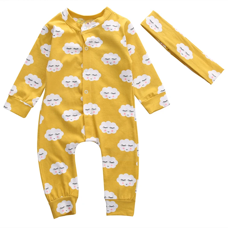 Детские ползунки Горячая Мода новорожденных детская одежда для девочек с длинными рукавами комбинезон с круглым вырезом милое желтое