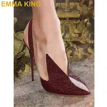 EMMA KING/модные бордовые туфли-лодочки с ремешком на пятке; пикантные женские туфли на высоком каблуке; женские вечерние туфли с острым носком на тонком каблуке; Прямая
