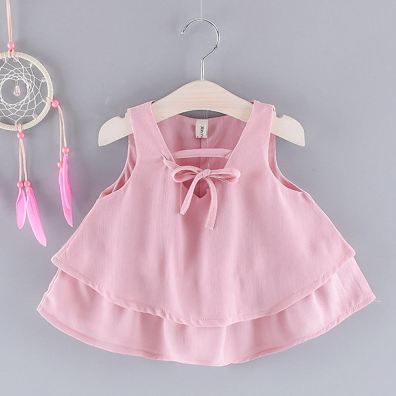 

Summer Cute Dress Baby Summer Clothes Solid Pattern Sleeveless Dress With Bowknot Kids Girl Clothes Chiffon Sundress