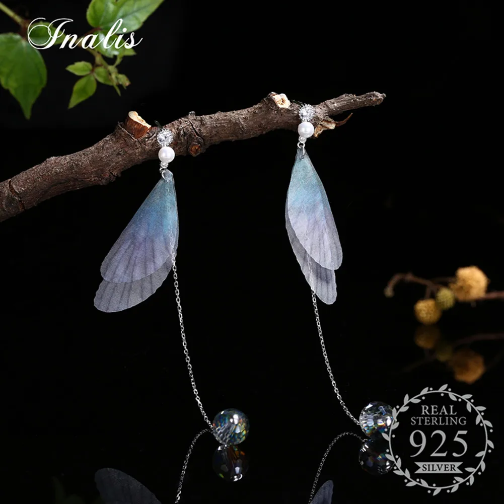 

INALIS Colorful Butterfly Earrings Long Chain Charm 925 Sterling Silver Drop Earrings Female 2 styles Pendientes Aretes