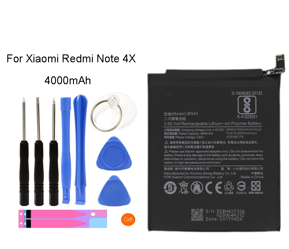 

Original BN43 Battery For Xiaomi Redmi Note 4X Real Capacity 4000mAh Replacement Li-ion Battery + Tool