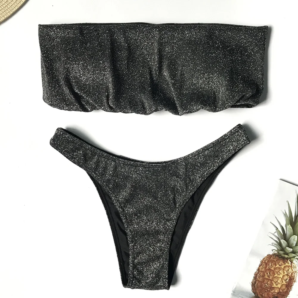 Off shoulder bikinis 2019 High cut swimsuit woman shiny bikini set Bandeau swimwear female sexy push up Bathing suit Brazilian