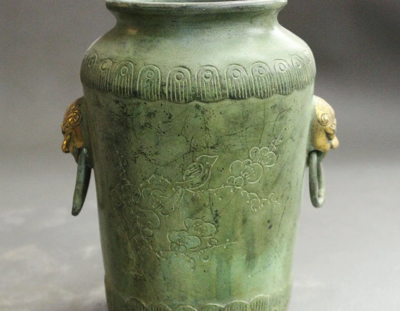 

5" Chinese Bronze Gilt Flower Fu Foo Dog Lion Beast Head Vase Pot Jar Sculpture