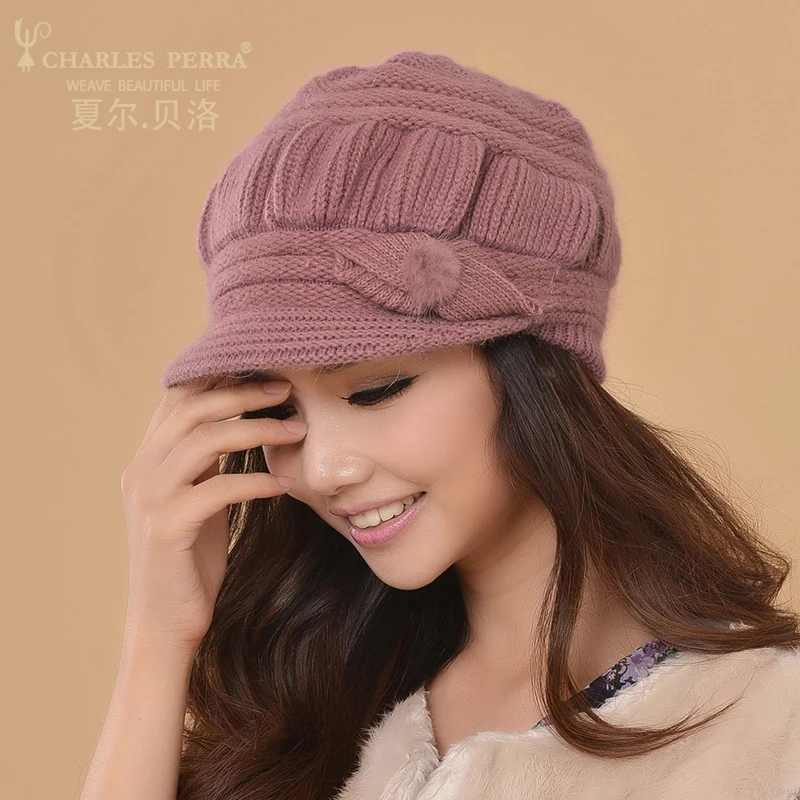 Charles Perra Women Knitted Hats Winter Thicken Double Layer Ear Protection Casual Wool Women's Hat Warm Female Beanies CD63