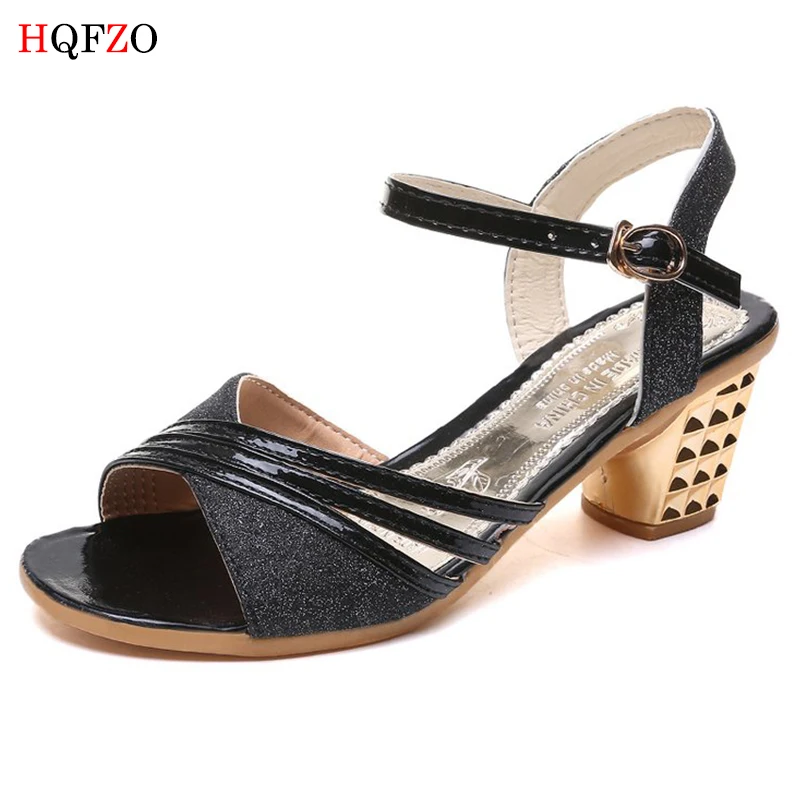 

HQFZO Sexy Bling Square Heels Sandals Buckle Strap Platform Glitter Sandals Summer Female High Heels Sandalias Footwear 2019/6cm