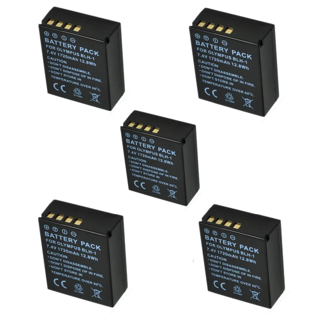 5 pcs 1720mAh BLH 1 BLH1 Camera Battery for Olympus Digital Cameras EM1