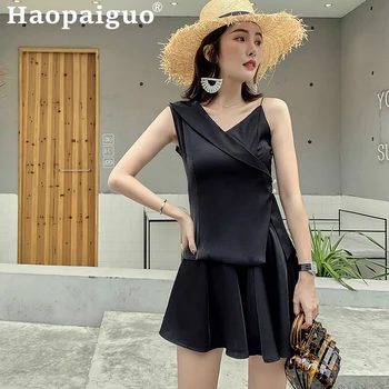 

Plus Size 2019 Summer Vacation Beach Two Piece Set Sleeveless Short Blouse and Mini Wrap Skrit Women 2 Piece Set Black Suit Set